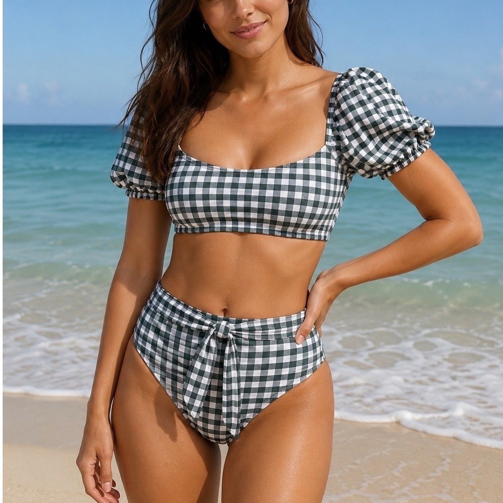 Gianni Bini Pucker Up Bow Tie High Waist Bikini Swim Bottom Camo Green XL -  NWT